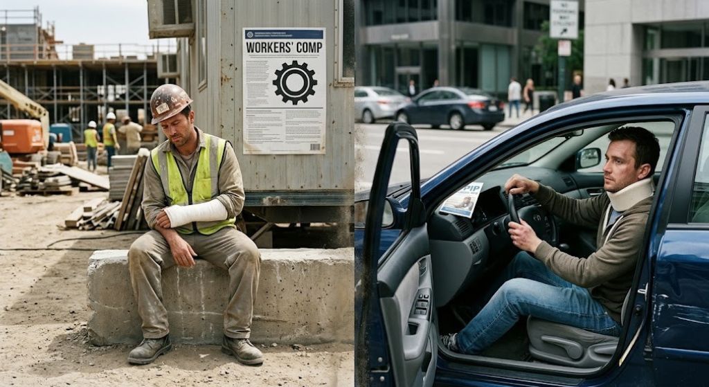 Side-by-side images of a man in a car, comparing Workers Comp and PIP insurance options.